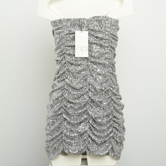 Zara mini strapless sequins dress, Size S (2), Silver colour - Picture 4 of 12